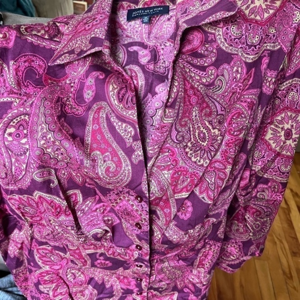 Jones New York Signature Woman Button Down Blouse 2X Pink Paisley Pattern Shirt - Picture 10 of 15
